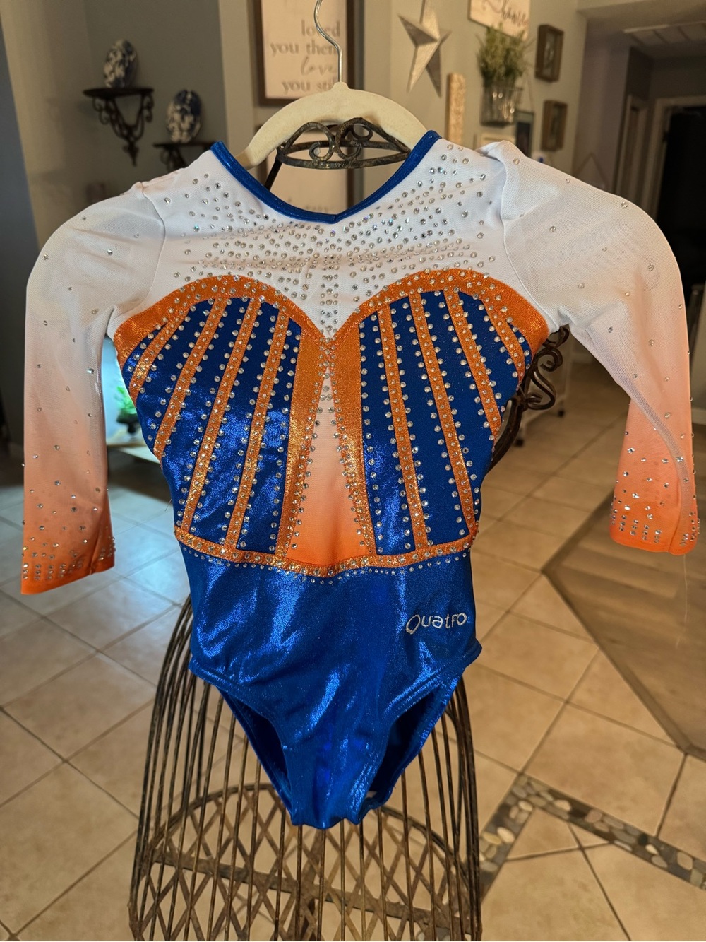 Quatro Gymnastics Leo Blue Orange Rhinestone Competition Long Sleeve Sz CHILD LG